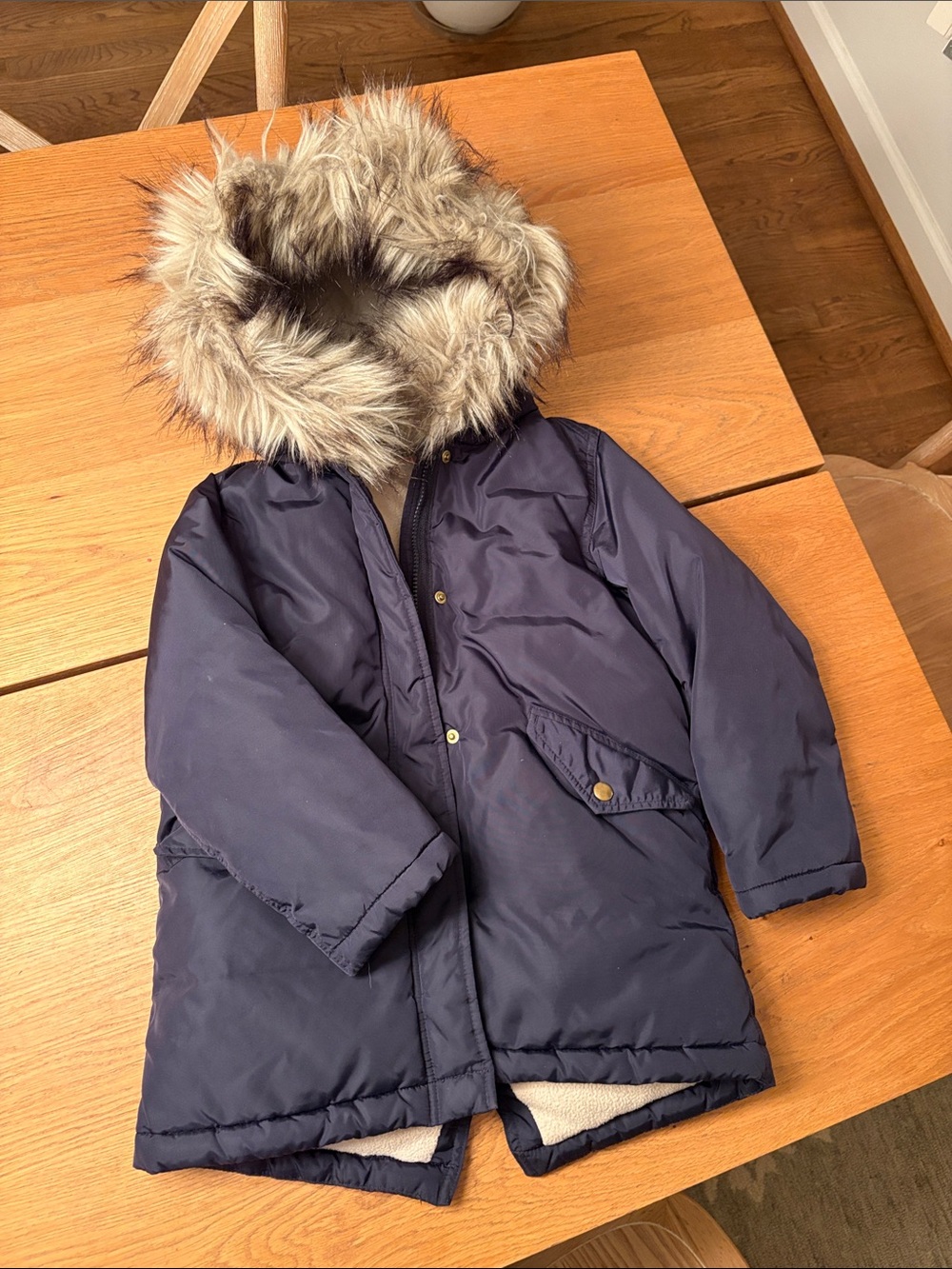 J Crew Kids Navy Hooded Parka with Faux Fur Trim